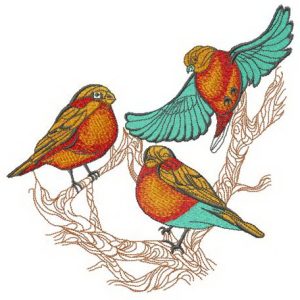 Three bullfinches on tree embroidery design