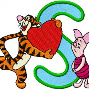 Tigger with heart and Piglet Alphabet Letter S embroidery design