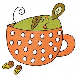 Tiny mouse sleeping in cup embroidery design
