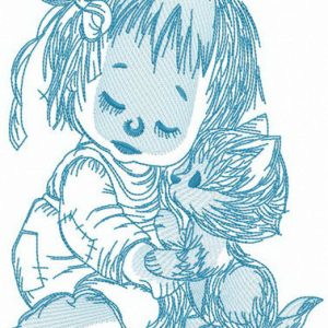 Touching friendship between girl and cat embroidery design