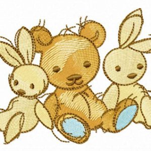 Two bunnies and teddy bear embroidery design