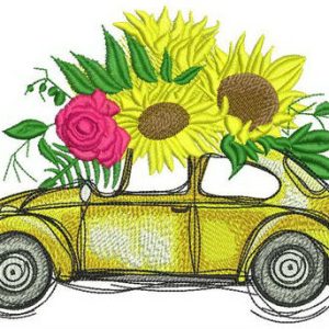 Volkswagen Beetle with sunflowers embroidery design