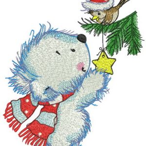 White bear decorates New Year tree embroidery design