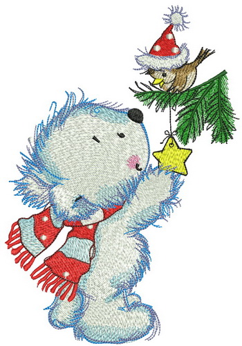 White bear decorates New Year tree embroidery design