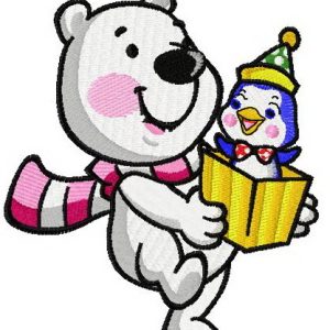 White bear with little penguin embroidery design