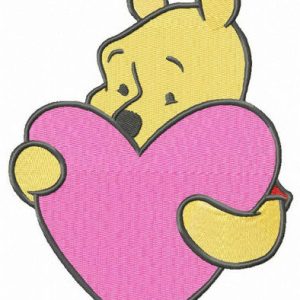 Winnie the Pooh with pink heart embroidery design