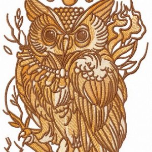 Wise owl on tree branch embroidery design