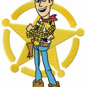 Woody in front of sheriff star embroidery design