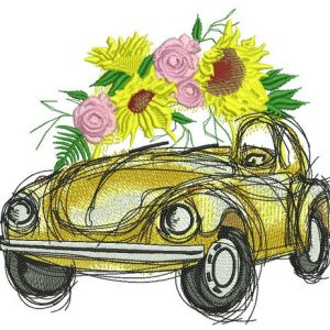 Yellow car with sunflowers embroidery design