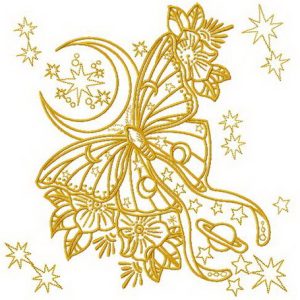 Yellow space butterfly embroidery design